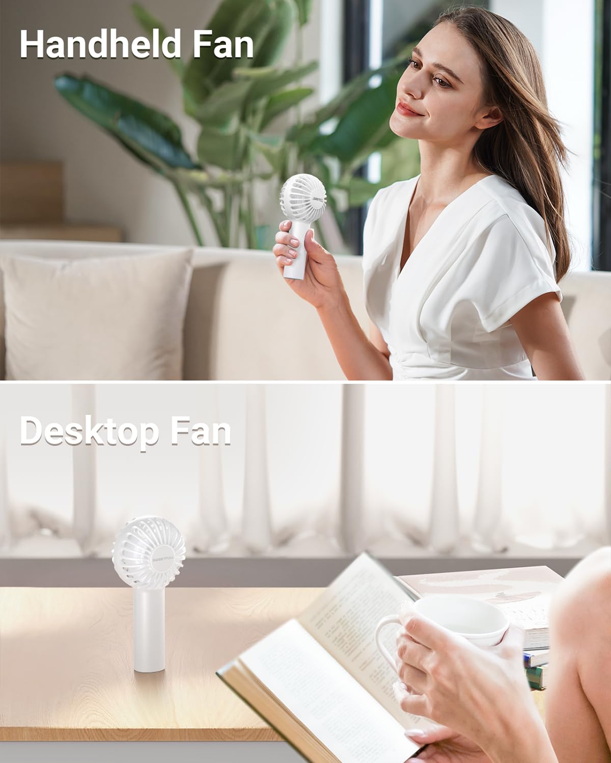 SWEETFULL Mini Portable Fan Powerful Handheld Fan Rechargeable,3 Speeds Personal Small Hand Fan for Travel Makeup Eyelash Fan for Stylish Kids Girls Women USB Cute Design White