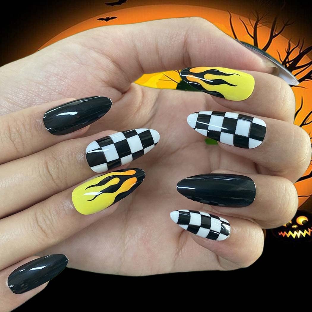 Outyua Stiletto Halloween Long Press on Nails with Design Horror Acrylic Fake Nails Ballerina False Nails Designer Full Cover Nails 24Pcs for Women and Girls (Fire Yellow)