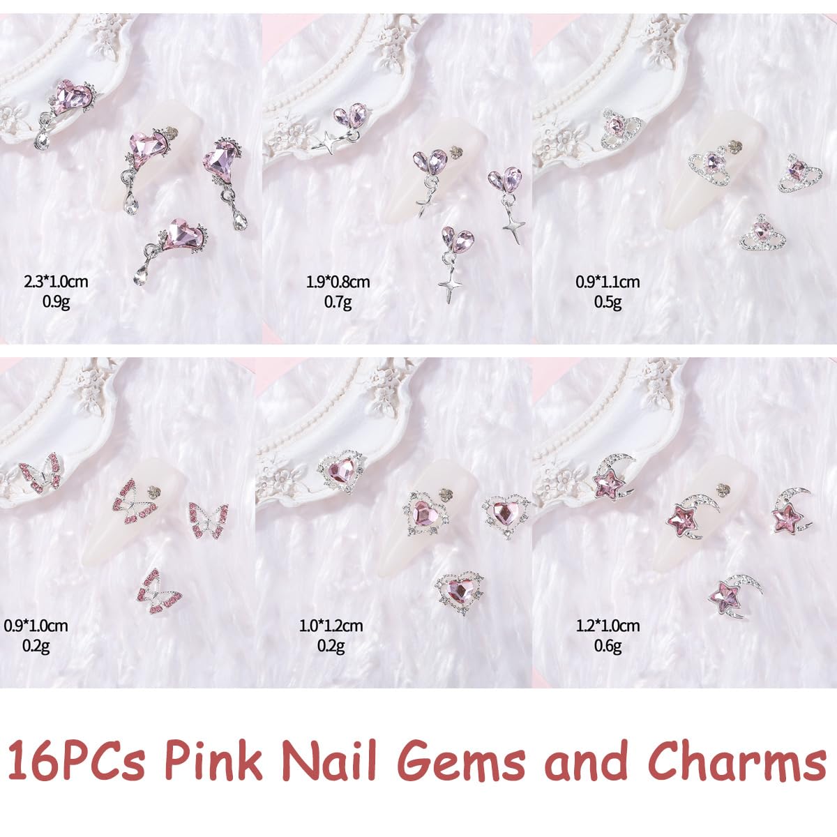 16Pcs Pink Butterfly Moon Heart Nail Charms for Nail Art Luxury 3D Silver Crystals Nail Gems Metal Pink Planet Heart Moon Nail Art Rhinestones for Acrylic Nails Jewelry DIY Manicure Accessories