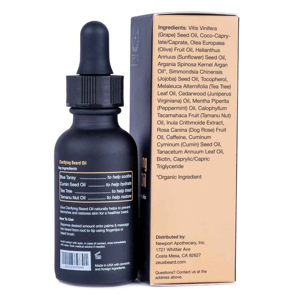 ZEUS Clarifying Beard Oil for Men, Hydrating Facial Hair Oil with Tea Tree for Sensitive Skin, Revitalizes, Treats Blemishes, Promotes Healthy Beard Growth (Made in USA) 1 fl. oz.