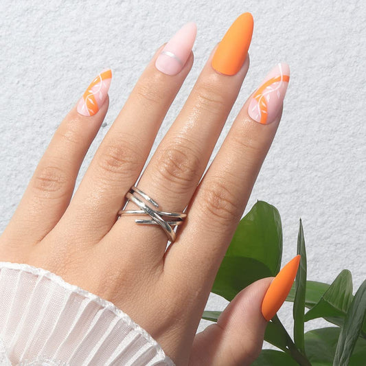 DOUBNINE Press On Nails Almond Orange Matte Leaf Swirl Acrylic False Nails with Glue Ballerina Spring Look Full Cover Stick On Nails for Women