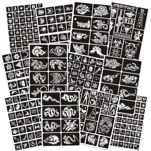 302pcs Temporary Tattoo Stencils, 12 Sheets Henna Tattoo Stencil Kit for Women and Man Face Body Paint Reusable Glitter Tattoo Stencils Pack Party Favor Supplies