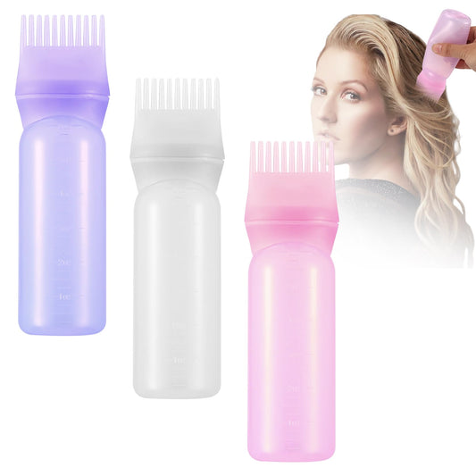 Siyurongg Root Comb Applicator Bottles, 177 ML/6 OZ Hair Oil Applicators, 3pcs Applicator Bottle for Hair Dye Bottle Applicator Brush with Graduated Scale, Hair Root Comb Color Applicator Bottle