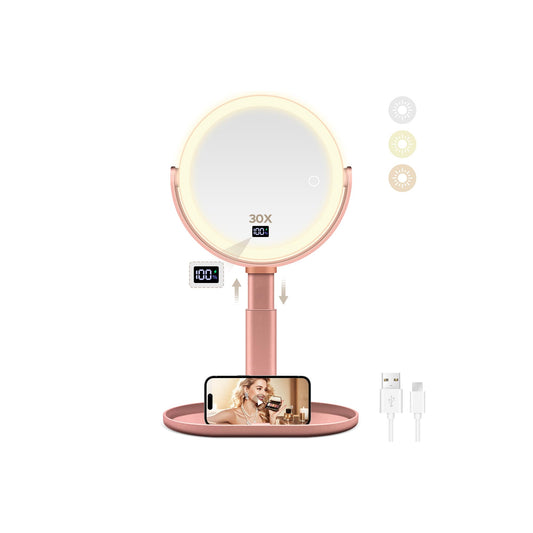 MIYADIVA Makeup Mirror with Lights, 30X/1X Magnifying Mirror with Digital Display, Height Adjustable Tabletop Mirrors, Detachable for Travel, Vanity Mirrors with Phone Holders, Rose Gold