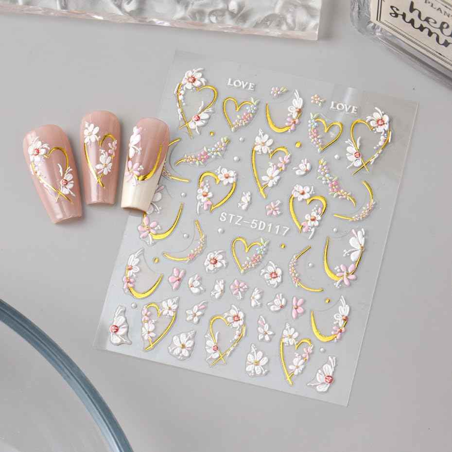 JMEOWIO 3D Embossed Flower Nail Art Stickers Decals Self-Adhesive 5D Spring Summer Floral Nail Supplies Nail Art Design Decoration Accessories 4 Sheets