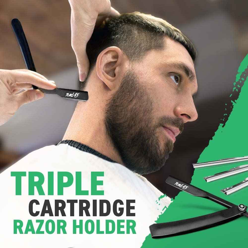 Tomb 45 Triple Cartridge Razor Holder | Disposable Razor Safety Handle For Barbers | 100% Metal Grip & 3 Adjustable Blade Exposure Options For Shaving (Black)