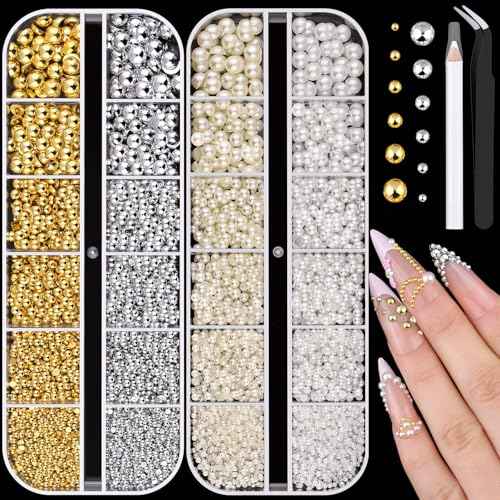 Flatback Nail Pearls Gems, Half Round Silver and Gold Nail Charms Beads and White Beige Pearls for Nails with Pickup Pencil and Tweezers, Pearl Nail Charm Rhinestones for Crafting Face Hair Manicure