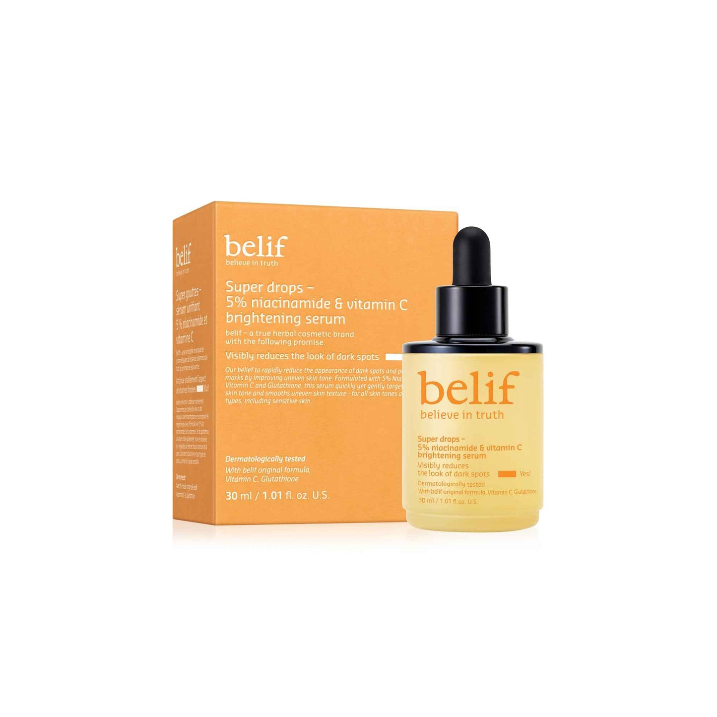 belif Niacinamide 5% & Vitamin C Super Drops Serum – Radiance-Boosting Serum for Uneven Skin Tone with AHA & Glutathione, Redness & Improve Post-Blemish Marks, Korean Skincare, 1.01 fl oz