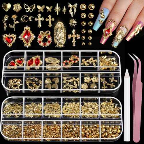 Teenitor Gold Nail Charms with Flatback Nail Pearls, 3D Nail Charms and Gems for Nail Art Design, Gold Pearls for Nails with Heart Star Cross Nail Charms, Nails Supplies Nail Accessories