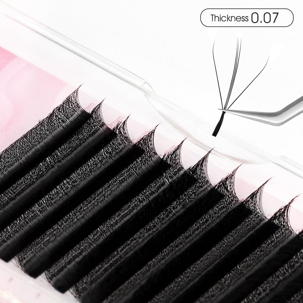 NATUHANA Sandwich Clover W Shape Eyelashes Extension Dual-Core 3D Premade Fans 0.07mm C Curl 9-15mm Mixed Tray Lash Extensions Blooming Flower Eyelash 12 Rows/Case (S3D black;0.07 C, 9-15 MIX)