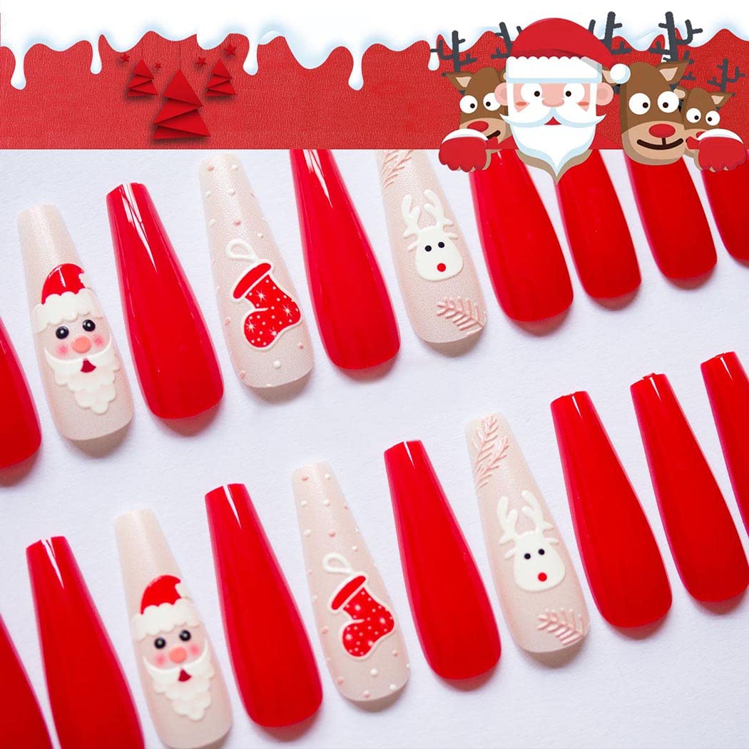 Uranian Coffin Extra Long Press on Nails Snowflake Red Christmas Fake Nails Elk Ballerina Glossy Full Cover False Nails Santa Claus Acrylic Nails Tips for Women and Girls 30 PCS (Pattern-D)