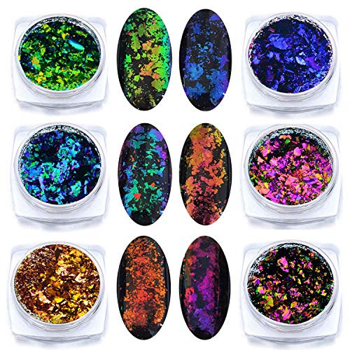 Iridescent Glitter Chameleon Nail Flakes Set Chrome Nail Powder Mirror Mermaid Effect Set 6 Jars (Dark Chameleon)