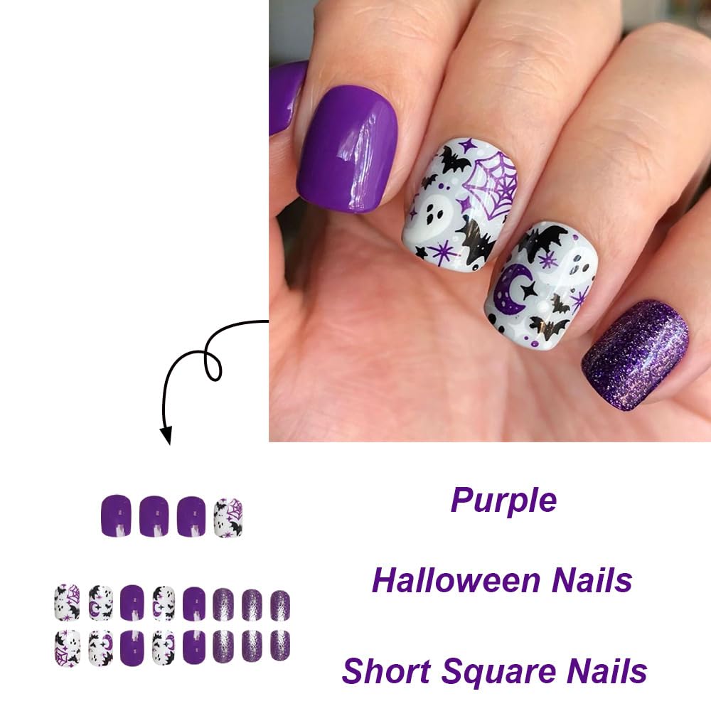 24Pcs Halloween Press on Nails Short Square Fake Nails with Purple Glitter Design Glossy False Nails Cute Halloween Nails Acrylic Nails Full Cover Glue on Nails Halloween Stick on Nails for Women