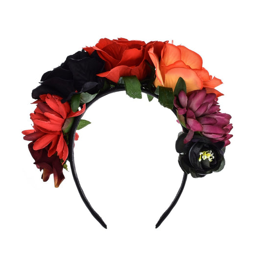 June Bloomy Day of the Dead Headpiece Halloween Costume Headpiece Mexican Floral Crown Rose Headband (Black Red Orange)