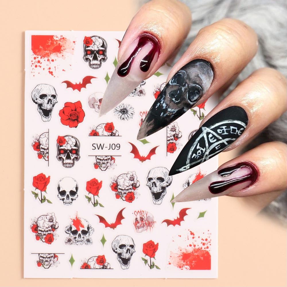 6 Sheets Ghost Halloween Nail Art Stickers Decals Skull Pumpkin Bat Nail Decals 3D Self-Adhesive Red Blood Drop Scar Design Nail Art Stickers Halloween Party Nail Supplies for Women Girls Manicure