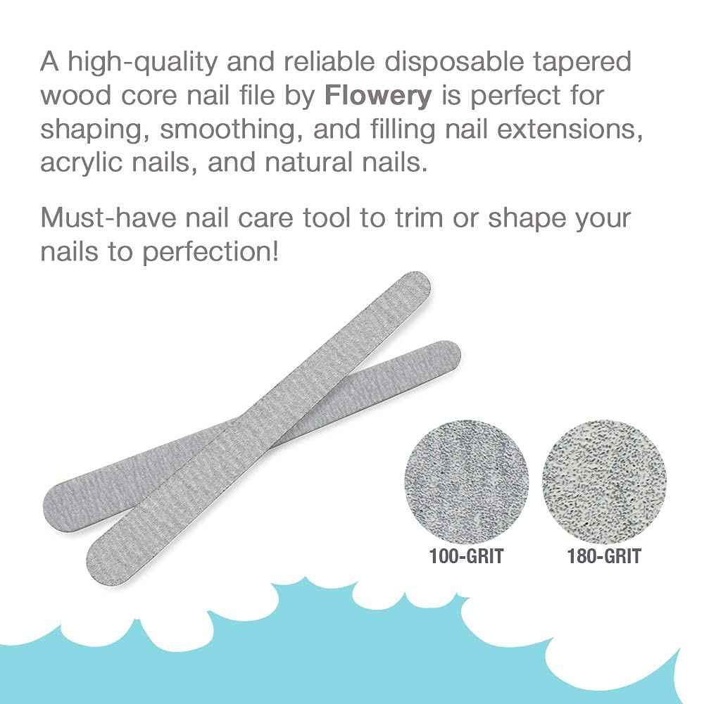Flowery Disposable High-Speed Shiner, Dual-Grit 100/180 Nail Files, Individually Wrapped, Single-Use, 100 ct