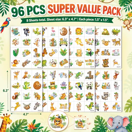 96 PCS Wild Animals Temporary Tattoos for Kids