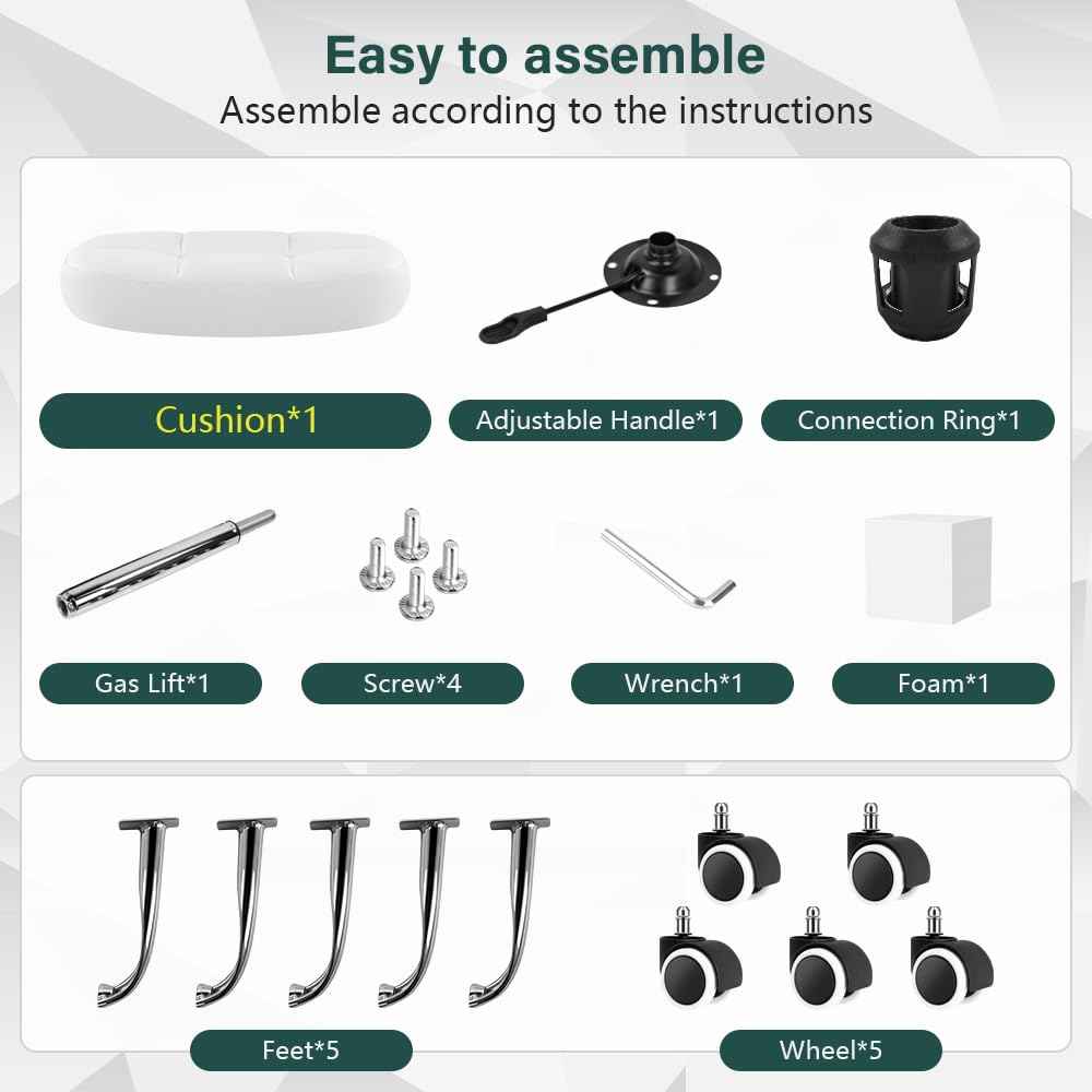 BFTOU White 6-Square Lattice PU Swivel Stool with Wheel for Work SPA Shop Massage Height-Adjustable and Cost-Effective Rolling Stool Chair