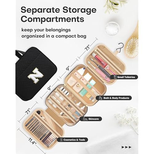 HOTOR Travel Toiletry Bag - Personalized Chenille Initial Makeup Bag, Water-Resistant Personalized Gifts for Women, Portable Travel Accessories & Essentials, Letter N, Black, 11.4"¡¿9.0"¡¿3.35"
