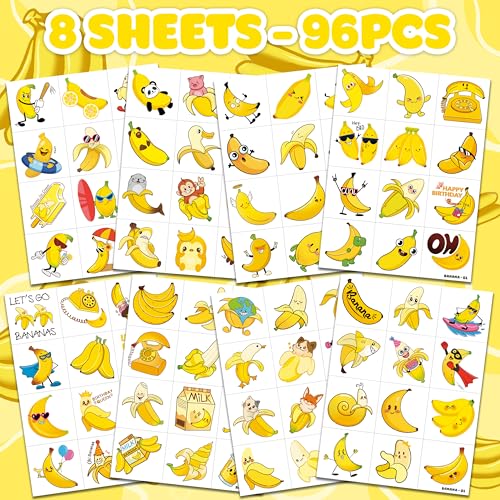 96PCS Banana Pre-Cut Temporary Tattoos for Kids | Super Cute Themed Birthday Party Favors, Supplies, Decorations, Cute Funny Fruit Fake Tattoo Stickers, School Rewards Prizes & Gifts for Boys & Girls