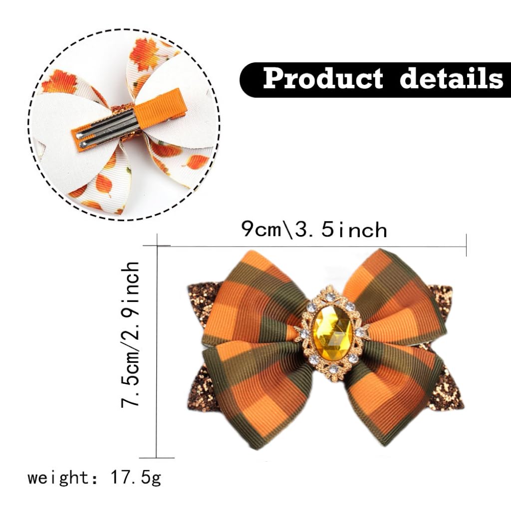 Happy Fall Hair Bows for Girls, Glitter Autumn Checkerd Bow Hair Clips, Thanksgiving Buffalo Plaid Ribbon Bow Barrettes for Teens Toddler Kids Women