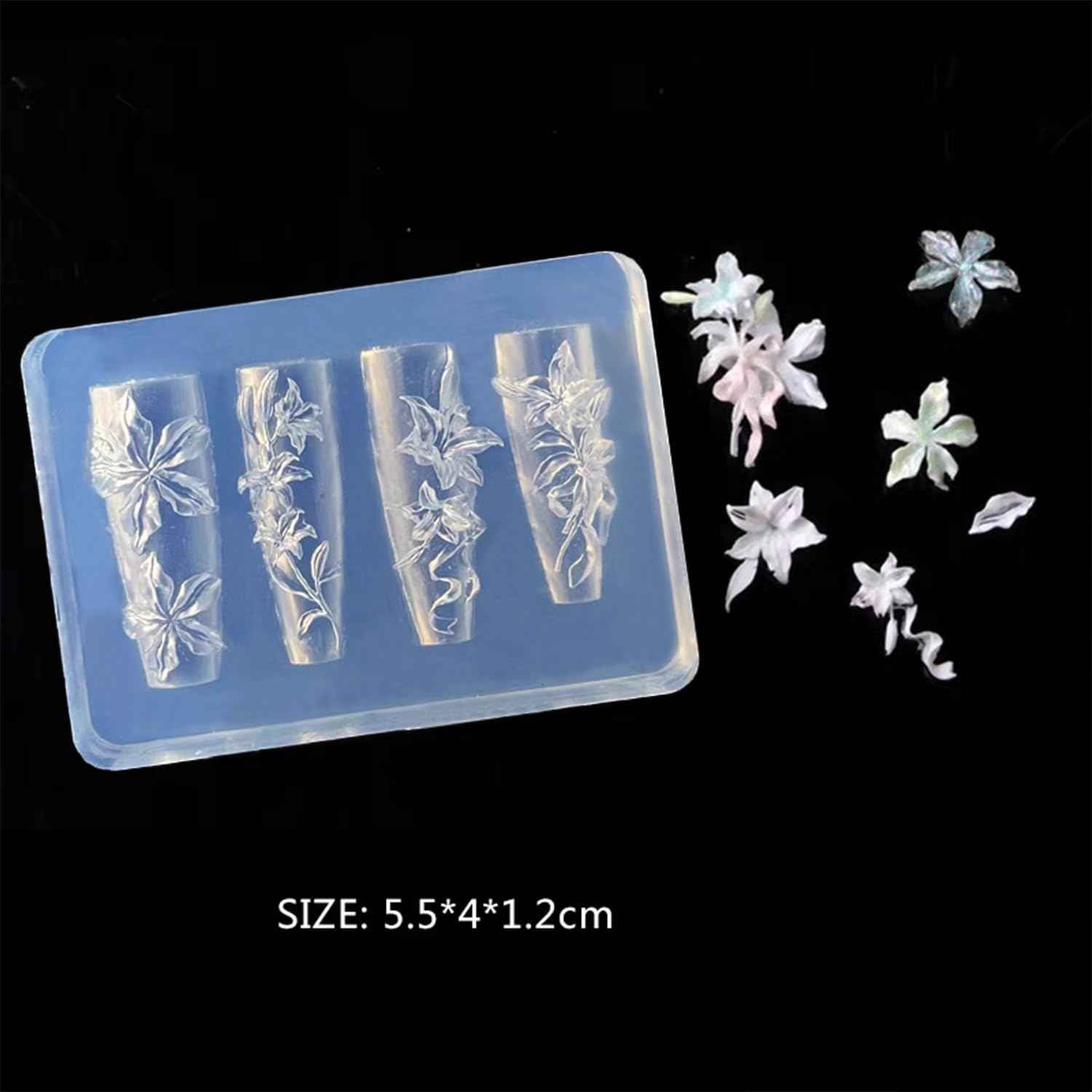 LIFOOST 3D Flowers Nail Mold Silicone Lily Flower Charms Embellishment Moulds Nail Art Floral Carving Template for Manicure Design Tool