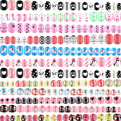 240 Pieces 12 Sets Press on Nails for Kids Girls Fake Nails Artificial False Fingernail Pre-glue Full Cover Cartoon Gradient Short Nail Tip for Girls Kids Nail Decoration (Animal Pattern)