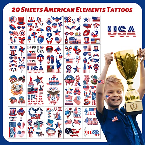 4th of July Temporary Tattoos - 20 Sheets Waterproof Body Art