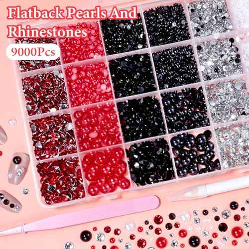 9000 Pcs Flatback Pearls and Jelly Resin Rhinestones for Crafting, Red White Black Mixed Size 3-8mm Jelly Rhinestones and Pearls Nail Jewels, Bedazzling Crystal Nails Art, Tweezer and Pickup Pencil