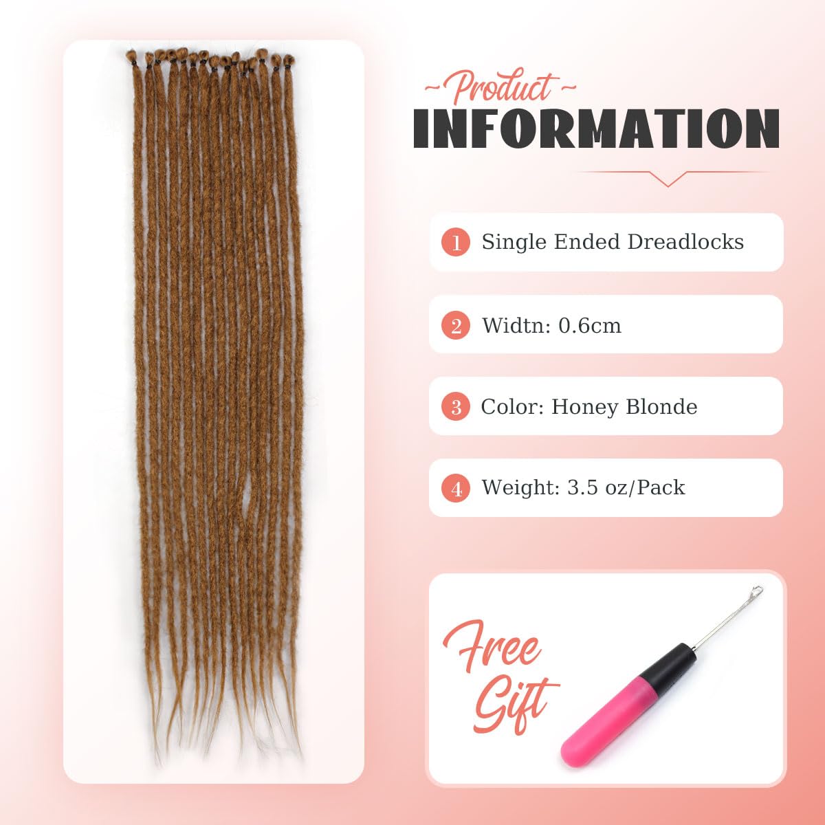 Sangtok 24 inch 15 pcs Dreadlock Extensions, Single Ended Thin 0.6cm Honey Brown Dreads Extensions, Synthetic SE Dreadlock Extensions Reggae Hippie Crochet Dreads for Women