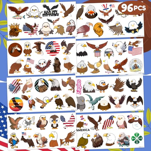 Eagle Temporary Tattoos 8 Sheets 80PCS Bald Eagles Party Decorations Supplies Favors American Flag Bird Theme Birthday Cute Stickers Christmas Gifts for Boys Girls Class School Prizes Carnival
