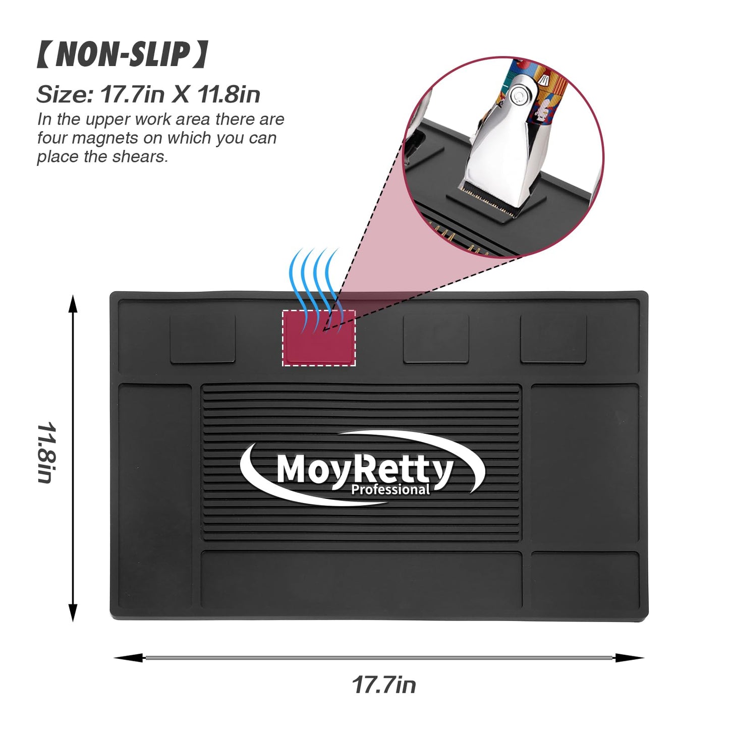 MoyRetty Magnetic Barber Organizer Mat for Clippers(17.7'' x 11.8'') - Professional Anti-Slip Heat Resistant Silicone Pad with Salon Station Accessories for Hair Stylist Clippers Supplies (Black)