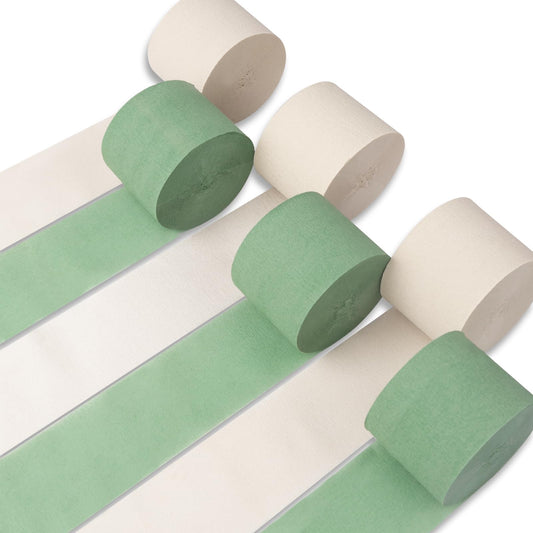 PartyWoo Crepe Paper Streamers 6 Rolls 492ft, Pack of Crepe Paper in Sage Green and White Sand Color, Crepe Paper for Birthday Decorations, Party Decorations, Wedding Decorations (1.8 In x 82 Ft/Roll)