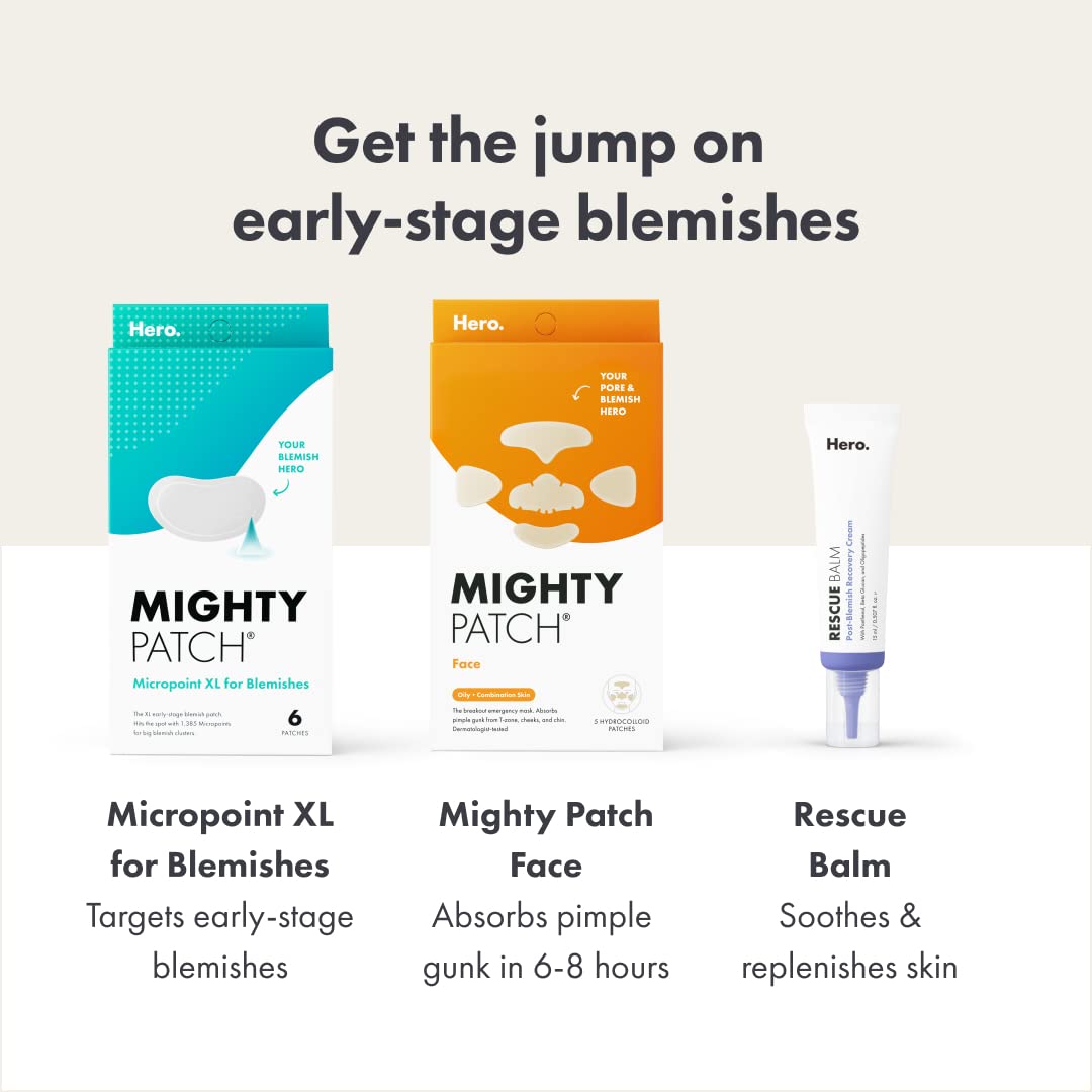 Mighty Patch Micropoint™ XL for Blemishes from Hero Cosmetics - Hydrocolloid Acne Spot Treatment Patch for Early Stage Zits and Hidden Pimples, 1,385 Proprietary Micropoints (6 XL Patches)