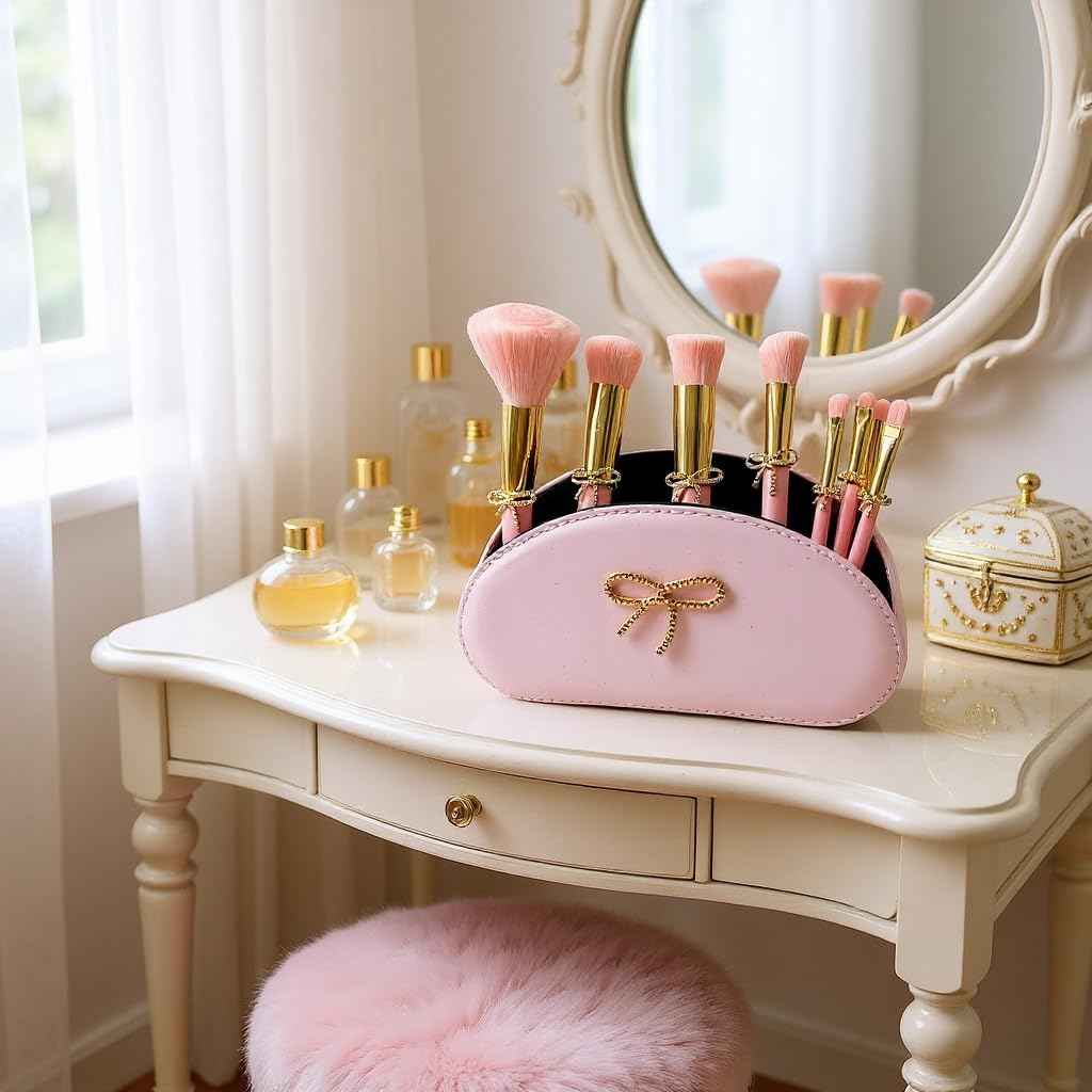 LUXAPE Bow Makeup Brush Set – 9-Piece - Pink bow makeup bag Coquette with Gold Bow & Storage Bag – Beginner Friendly makeup Brushes for Foundation, Contour & More