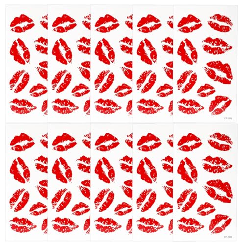 Red Lip Temporary Tattoo Stickers, 10 Sheets Waterproof Self-Adhesive