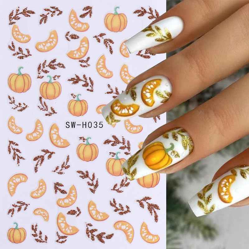 Pumpkin Nail Art Stickers Fall Maple Leaf Nail Decals 6PCS Maple Leaves Pumpkin Nails Design 3D Self-Adhesive Nail Art Supplies Fall Stickers for Nails Thanksgiving Day Women DIY Manicure Decorations