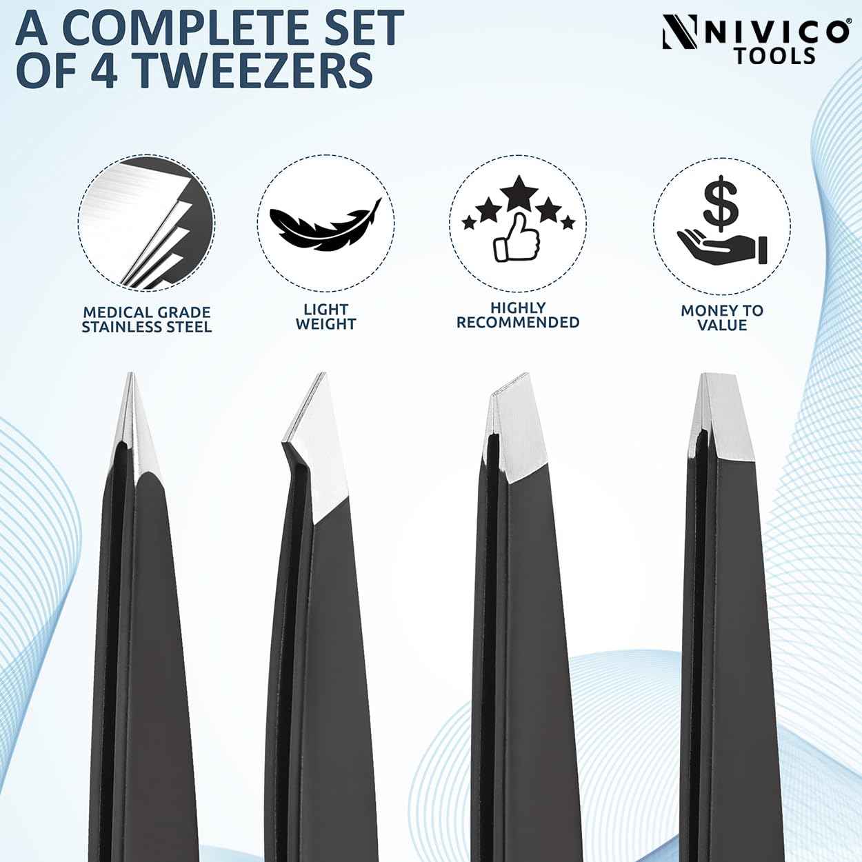 NIVICO Tweezers Set with Leather Pouch – Professional Stainless Steel Tweezers for Eyebrows Precision Facial Ingrown Hair Removal (Black)