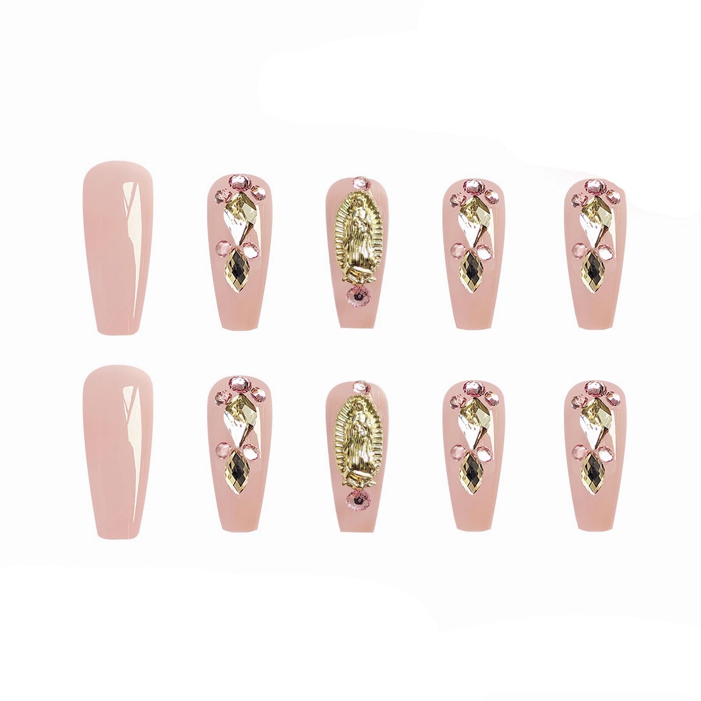 MERVF Coffin Press on Nails Long Fake Nails Rhinestones Press ons Glue on Nails with Design Ballerina Luxury Nude Acrylic False Nails Glossy 24pcs