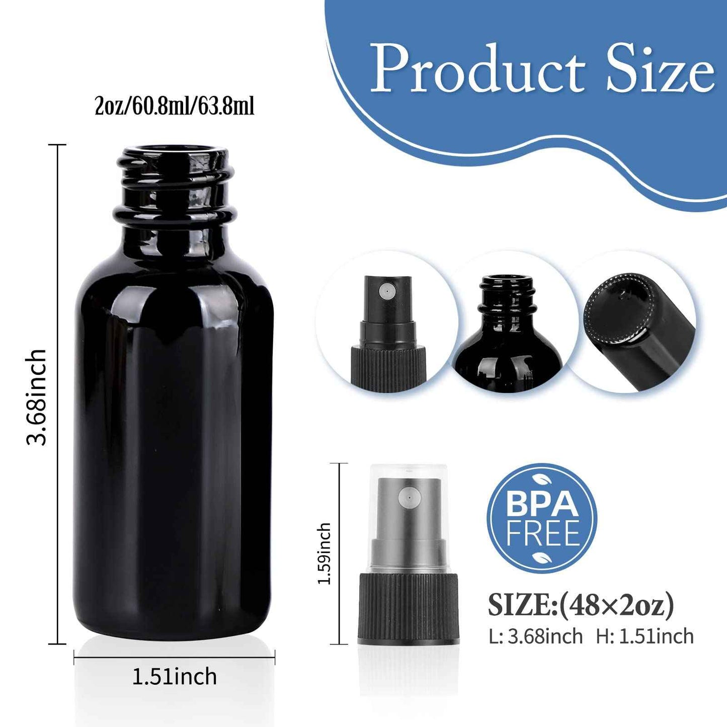 YONKAN 2oz UV Resistant Glass Spray Bottle, Fine Mist Boston Glass Bottles with Black Fine Mist Sprayer Small Clear Bottles for Essential Oils, Bath, Beauty, Hair & Cleaning, Black, Pack of 48