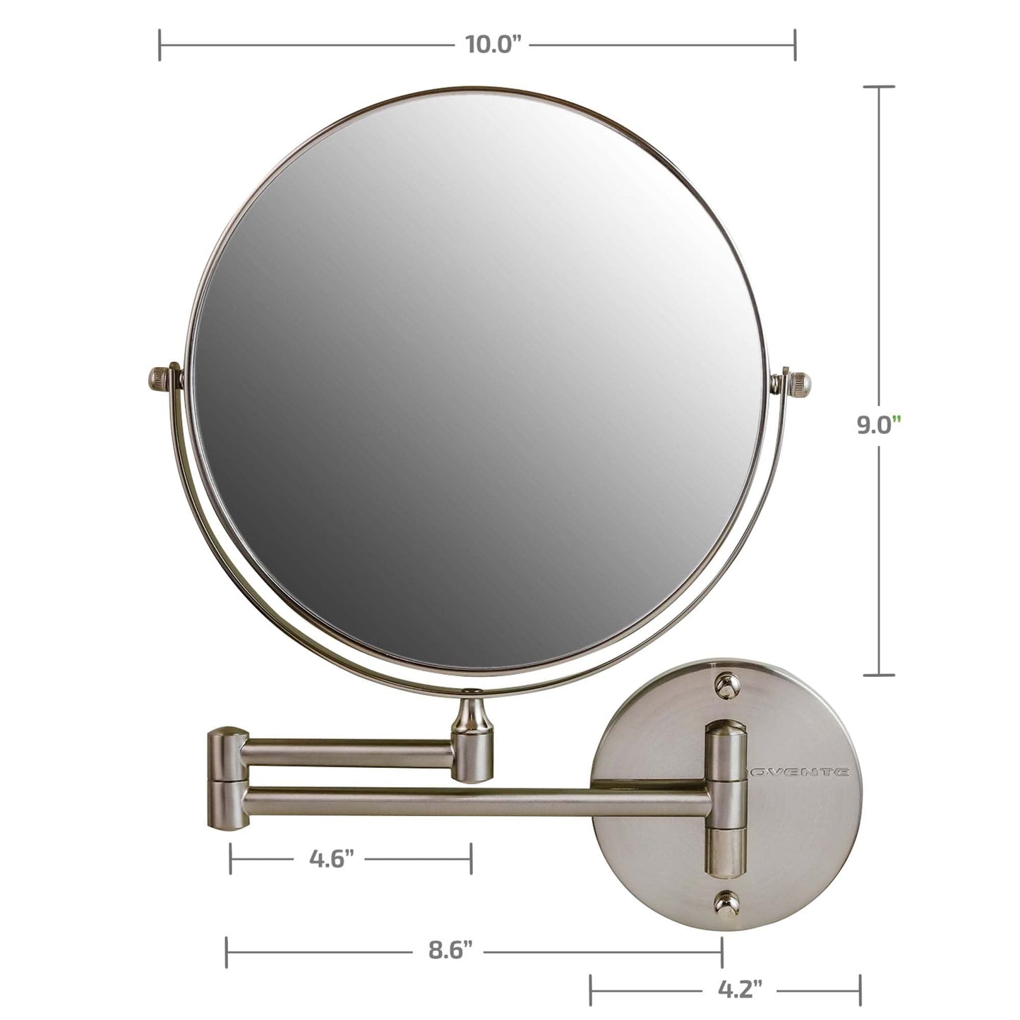 OVENTE 9" Wall Mounted Makeup Mirror with 1X/10X Magnification, Double Sided Magnifying Round Bathroom Vanity Mirror, 360° Swivel Design, Extendable and Folding Arm, Nickel Brushed MNLFW90BR1X10X