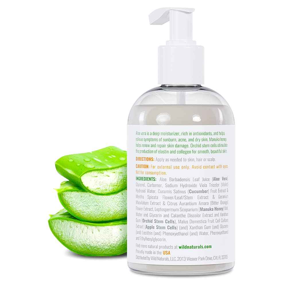 Wild Naturals 100% Pure Aloe Vera Gel with Manuka Honey – Organic Gel for Sunburn Relief, Acne, Scars & Dry Scalp – Moisturizing Gel for Face, Hair & Body