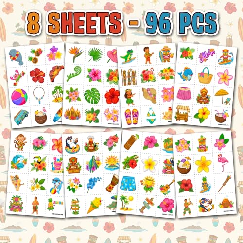 96 PCS Hawaiian Luau Temporary Tattoos for Kids