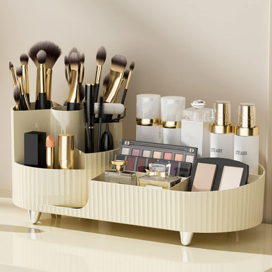 Rotating makeup organizer,Large Capacity Cosmetic Display Case, easy to hold all of your makeup products, at least 20 makeup brushes/eyeliner,10 lipsticks,8 skincare products(Ivory)