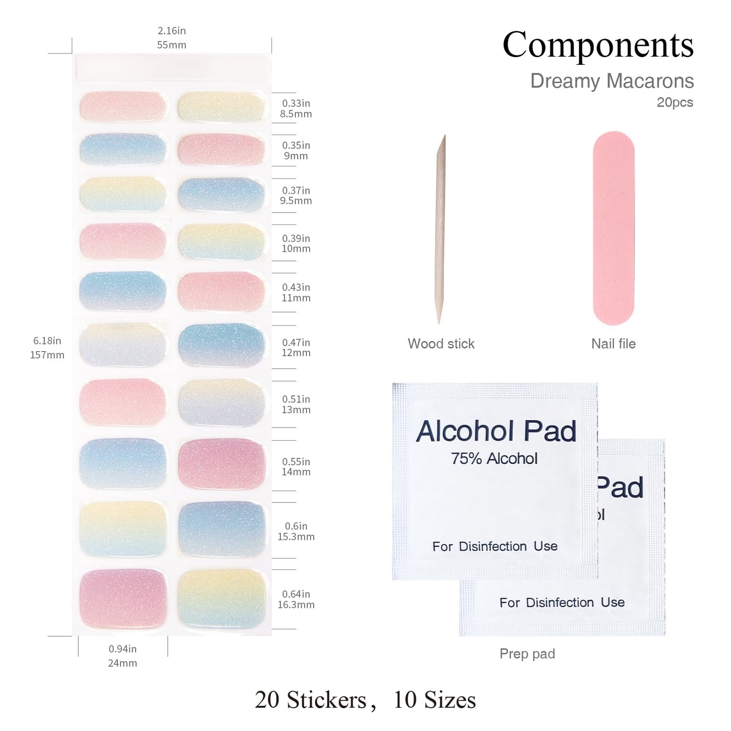 Nelikoo Semi Cured Gel Nail Strips, 20 PCS Gel Nail Stickers Work with UV Light, Gel Nail Wraps, Salon Quality & Easy to Use - Dreamy Macarons