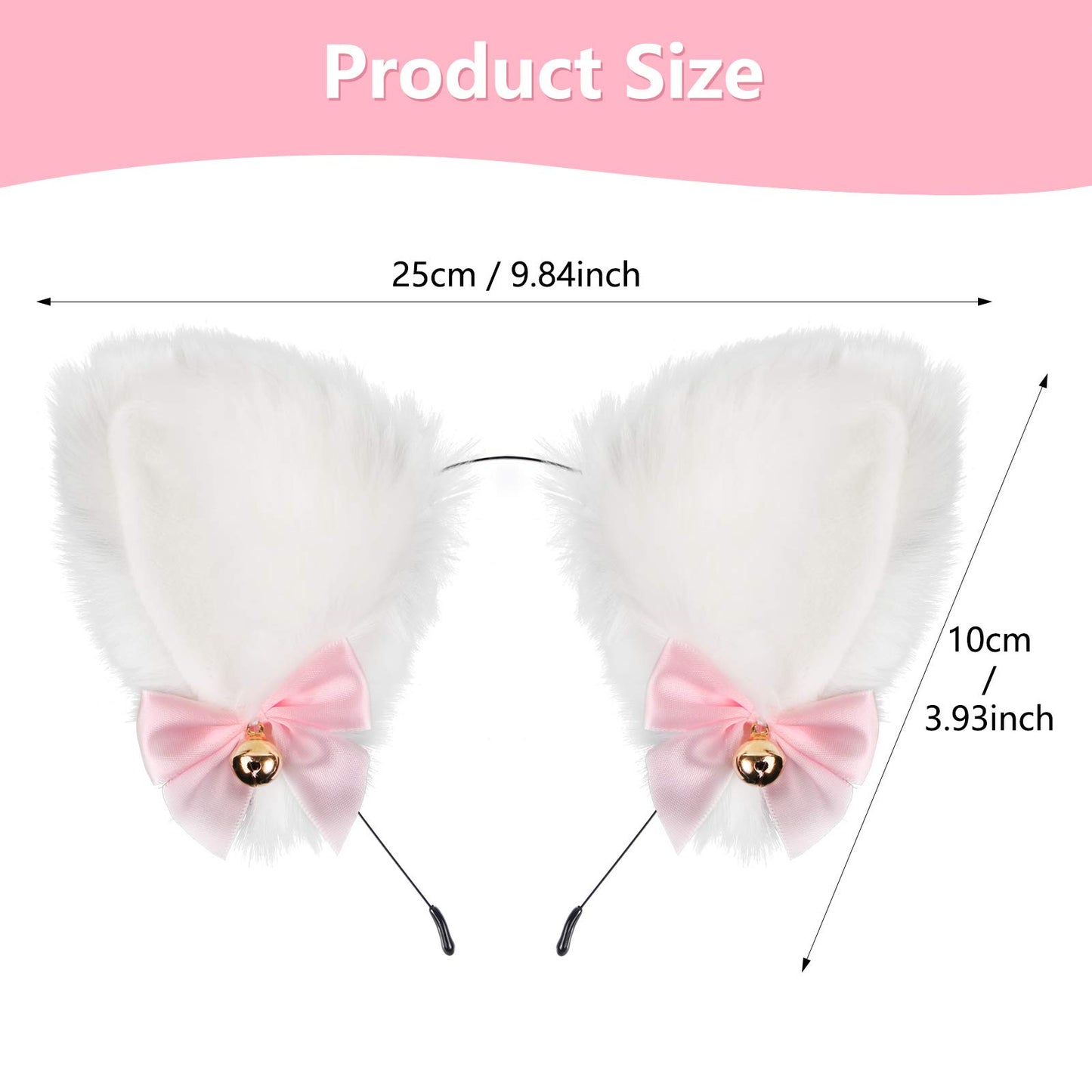 Faux Furry Anime Faux Fur Fox Ear Headband with Bells, Plush Cosplay Neko Hairband for Halloween Costume Party Fancy Dress (White-Inner White)