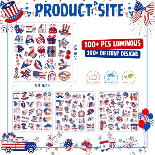 105PCS Glow in Dark Patriotic Temporary Tattoos - 4th of July