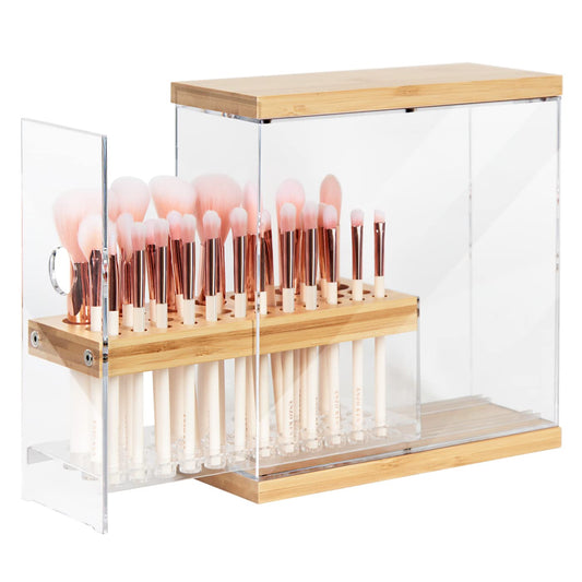 JACKCUBE DESIGN Transparent 29 Holes Bamboo Makeup Brush Holder Organizer Beauty Cosmetic Display Stand with Transparent Drawer (Transparent, 8.77 x 3.38 x 8.46inches) – :MK228C