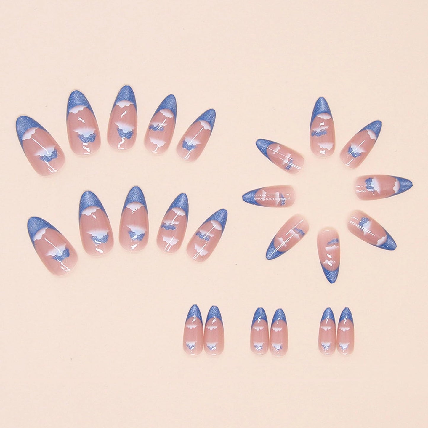 MISUD Press on Nails Medium Almond Fake Nails Glossy Glue on Nails Bling Blue Cat Eye French Tip Acrylic Nails Stiletto Artificial Nails Summer Cloud Stick on False Nails with Design 24 pcs