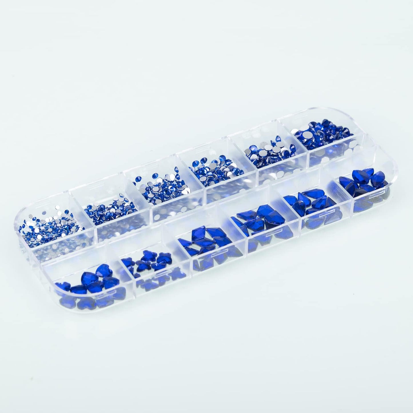 QEZEZA Nail Art Rhinestones Kit, Rhinestone Nail Face Gems, Nail Art Ab Flatback Rhinestones Gems Stones with Storage Organizer Box, (1.5mm - 10mm) 1000PCS 12 Sizes - Blue